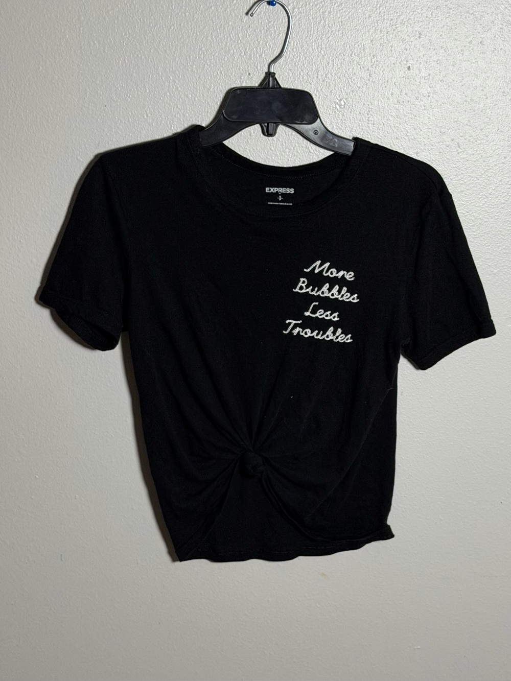 Express Women's Black Knot Front Graphic Tee "More Bubbles Less Troubles" XS